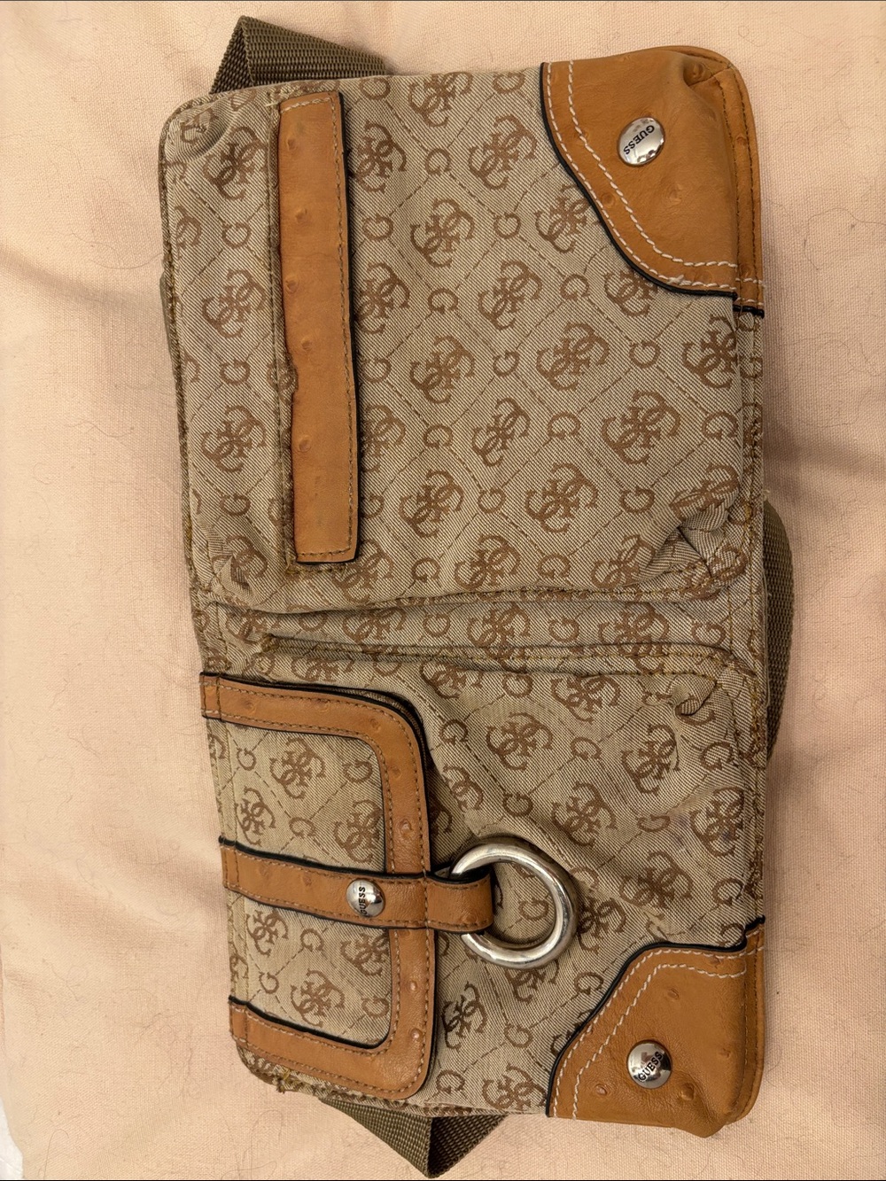 Guess Beige and Brown Logo Canvas Crossbody Bag